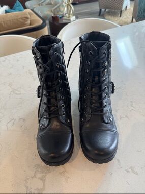 Guess Black Lace-Up Combat Boots with Buckle Detail